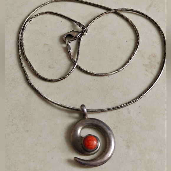 Leonard Maloney Navajo Modernist Sterling LM Pendant w/Coral - Picture 2 of 16